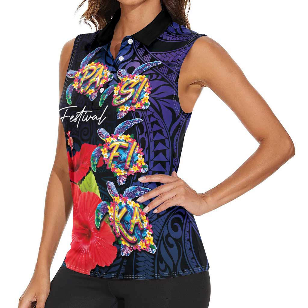 Pasifika Festival Women Sleeveless Polo Shirt Plumeria Turtles with Hibiscus - Polynesian Art Tattoo Dark Navy Color