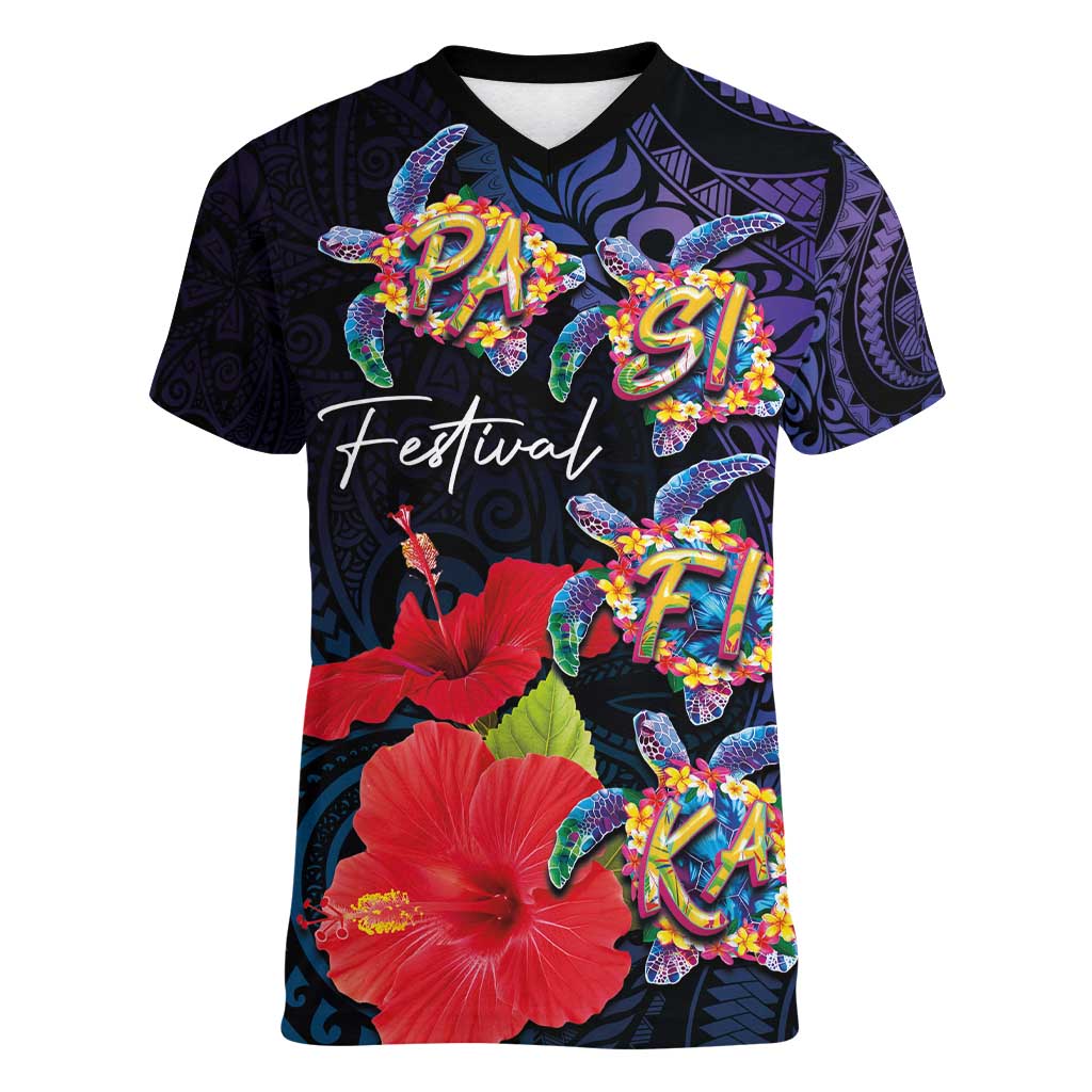 Pasifika Festival Women V-Neck T-Shirt Plumeria Turtles with Hibiscus - Polynesian Art Tattoo Dark Navy Color