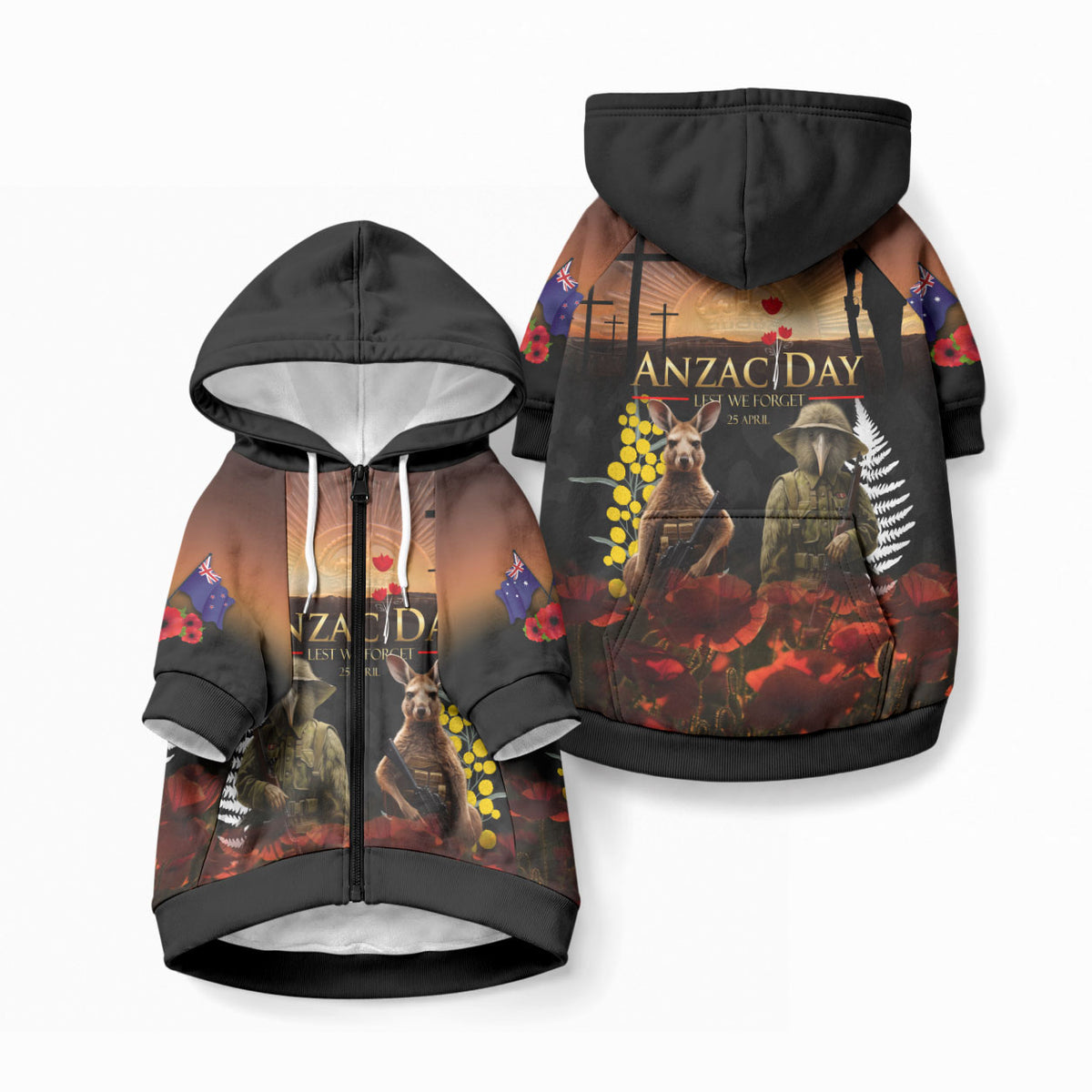 New Zealand and Australia ANZAC Day Pet Hoodie LT03 Zip-up Black - Polynesian Pride