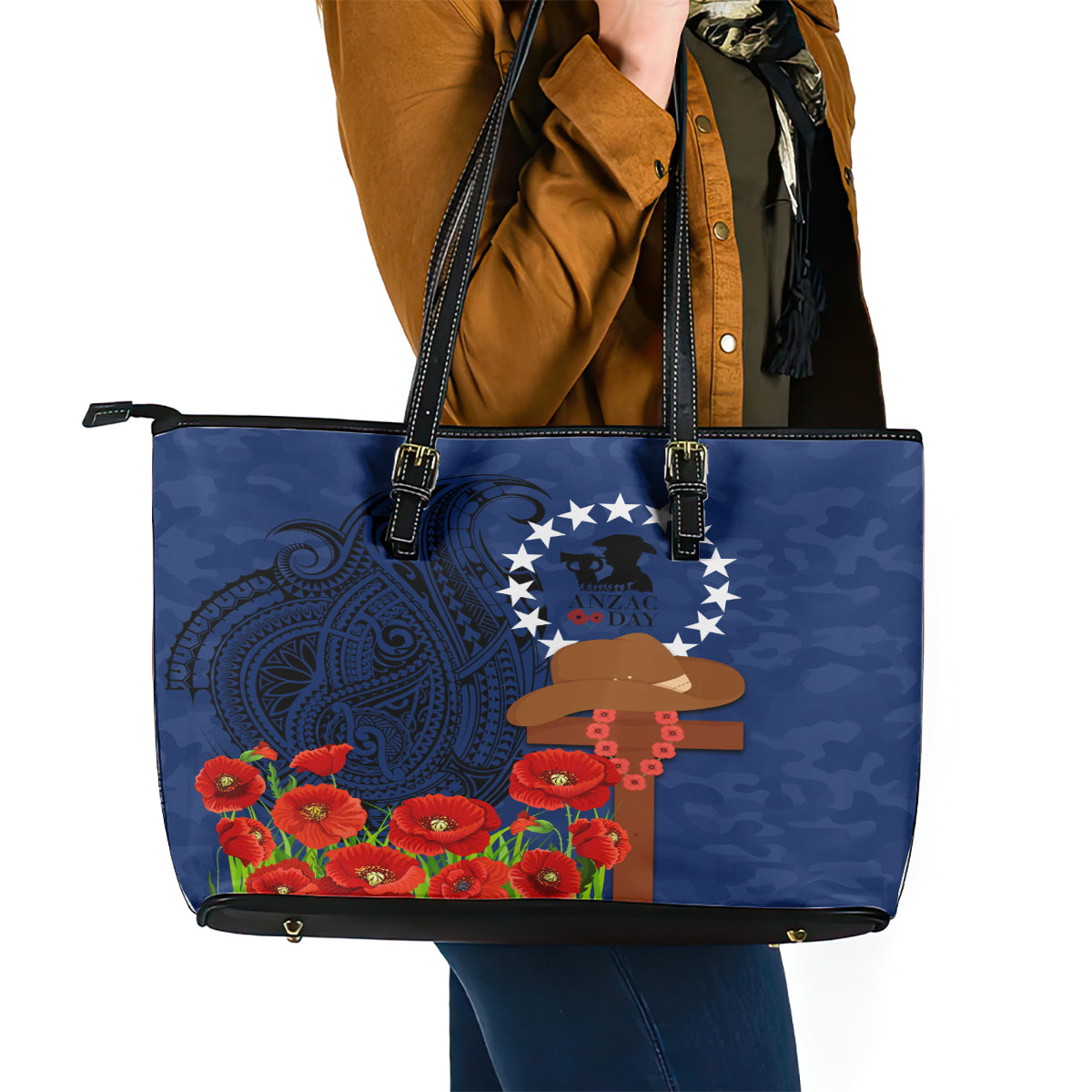 Cook Islands ANZAC Day Leather Tote Bag Soldier Paying Respect We Shall Remember Them LT03 - Polynesian Pride