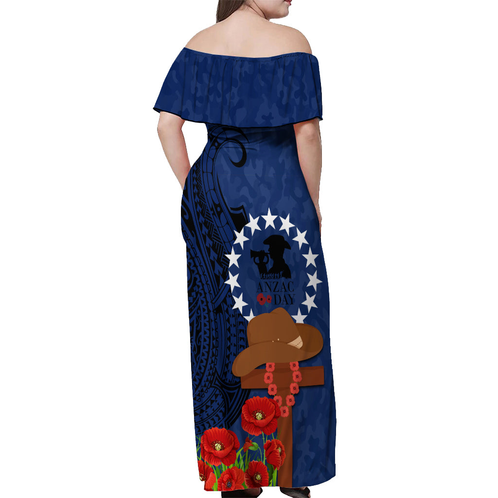 Cook Island ANZAC Day Off Shoulder Maxi Dress Soldier Paying Respect We Shall Remember Them LT03 - Polynesian Pride