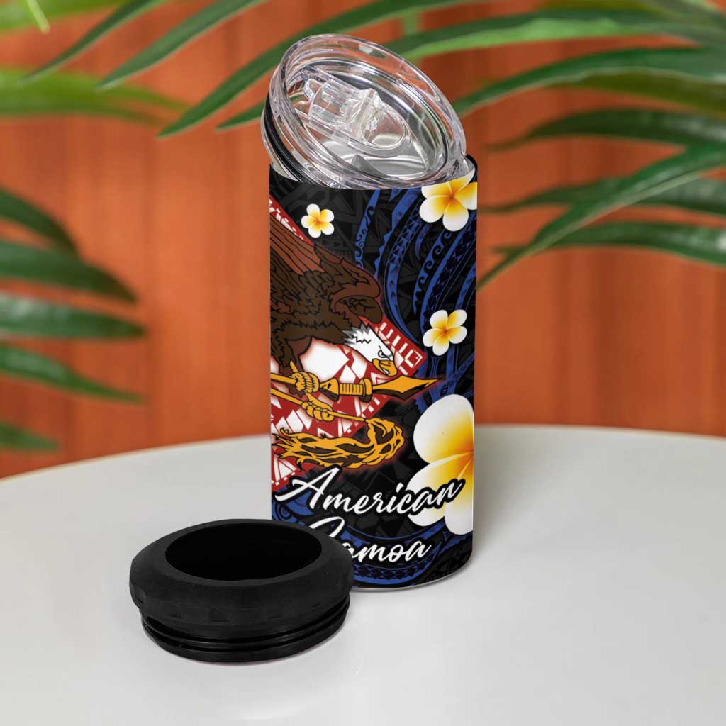 American Samoa Flag Day 4 in 1 Can Cooler Tumbler Polynesian Tatau Art and Plumeria