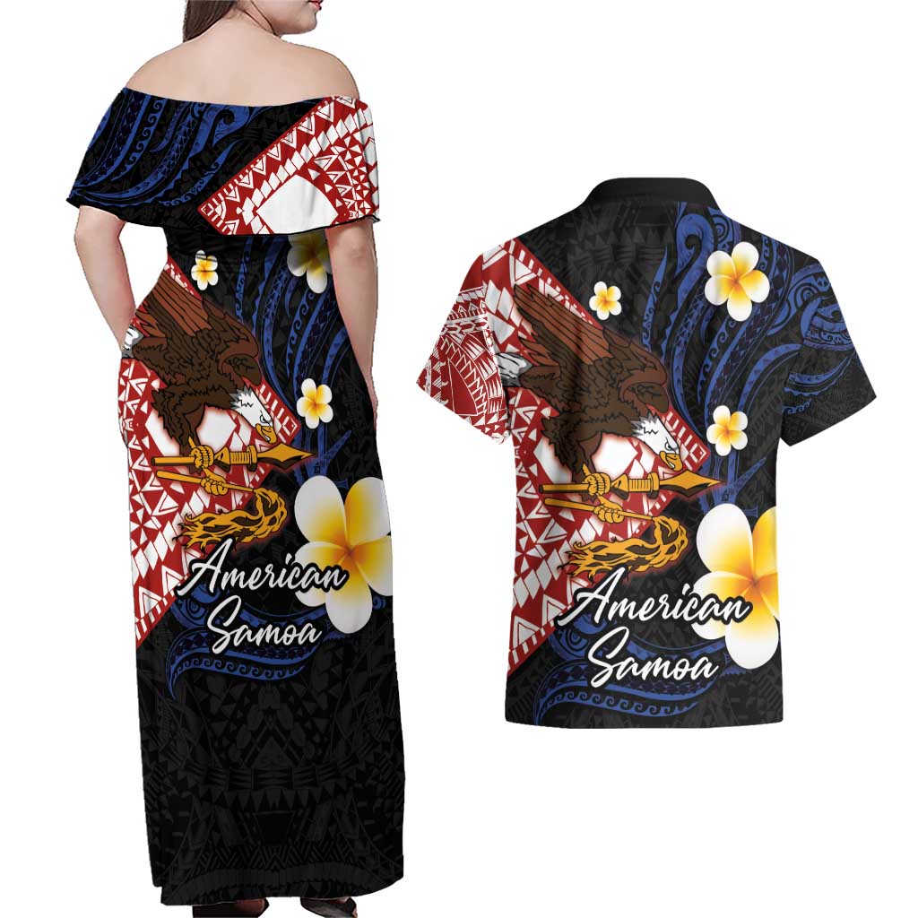 American Samoa Flag Day Couples Matching Off Shoulder Maxi Dress and Hawaiian Shirt Polynesian Tatau Art and Plumeria