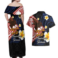 American Samoa Flag Day Couples Matching Off Shoulder Maxi Dress and Hawaiian Shirt Polynesian Tatau Art and Plumeria