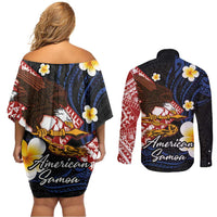 American Samoa Flag Day Couples Matching Off Shoulder Short Dress and Long Sleeve Button Shirt Polynesian Tatau Art and Plumeria