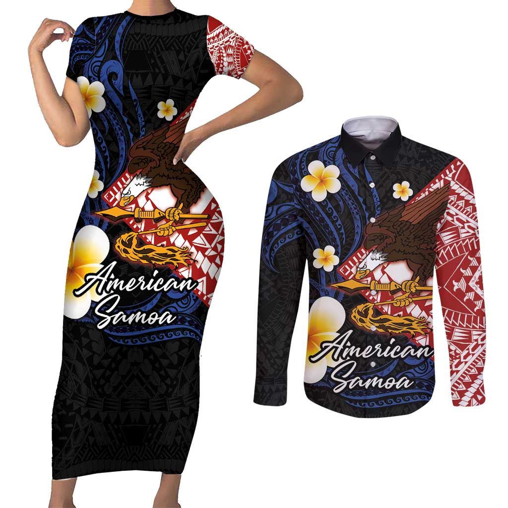 American Samoa Flag Day Couples Matching Short Sleeve Bodycon Dress and Long Sleeve Button Shirt Polynesian Tatau Art and Plumeria