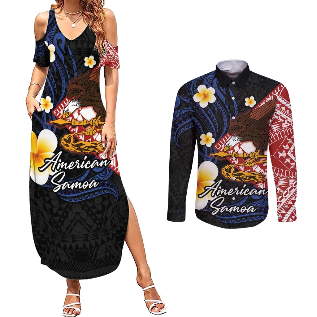 American Samoa Flag Day Couples Matching Summer Maxi Dress and Long Sleeve Button Shirt Polynesian Tatau Art and Plumeria