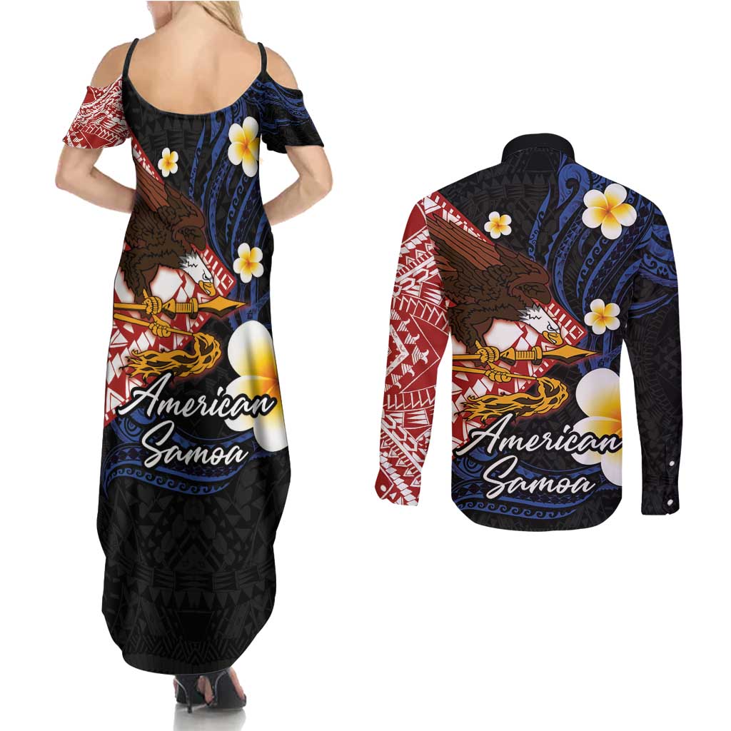 American Samoa Flag Day Couples Matching Summer Maxi Dress and Long Sleeve Button Shirt Polynesian Tatau Art and Plumeria