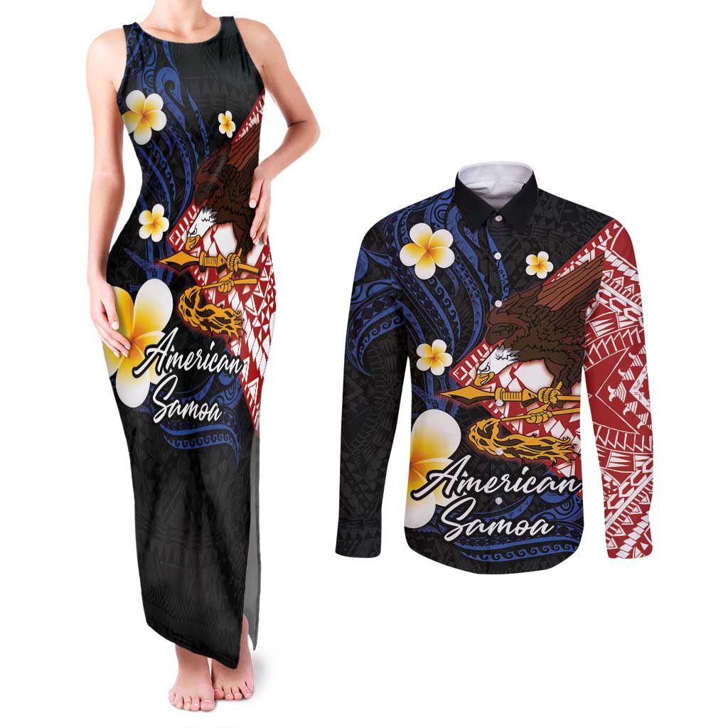 American Samoa Flag Day Couples Matching Tank Maxi Dress and Long Sleeve Button Shirt Polynesian Tatau Art and Plumeria