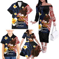 American Samoa Flag Day Family Matching Off The Shoulder Long Sleeve Dress and Hawaiian Shirt Polynesian Tatau Art and Plumeria LT03 - Polynesian Pride