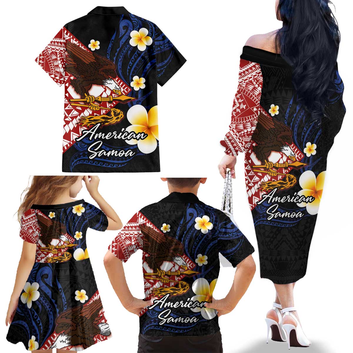American Samoa Flag Day Family Matching Off The Shoulder Long Sleeve Dress and Hawaiian Shirt Polynesian Tatau Art and Plumeria LT03 - Polynesian Pride