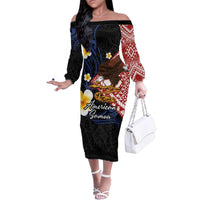 American Samoa Flag Day Family Matching Off The Shoulder Long Sleeve Dress and Hawaiian Shirt Polynesian Tatau Art and Plumeria LT03 Mom's Dress Black - Polynesian Pride