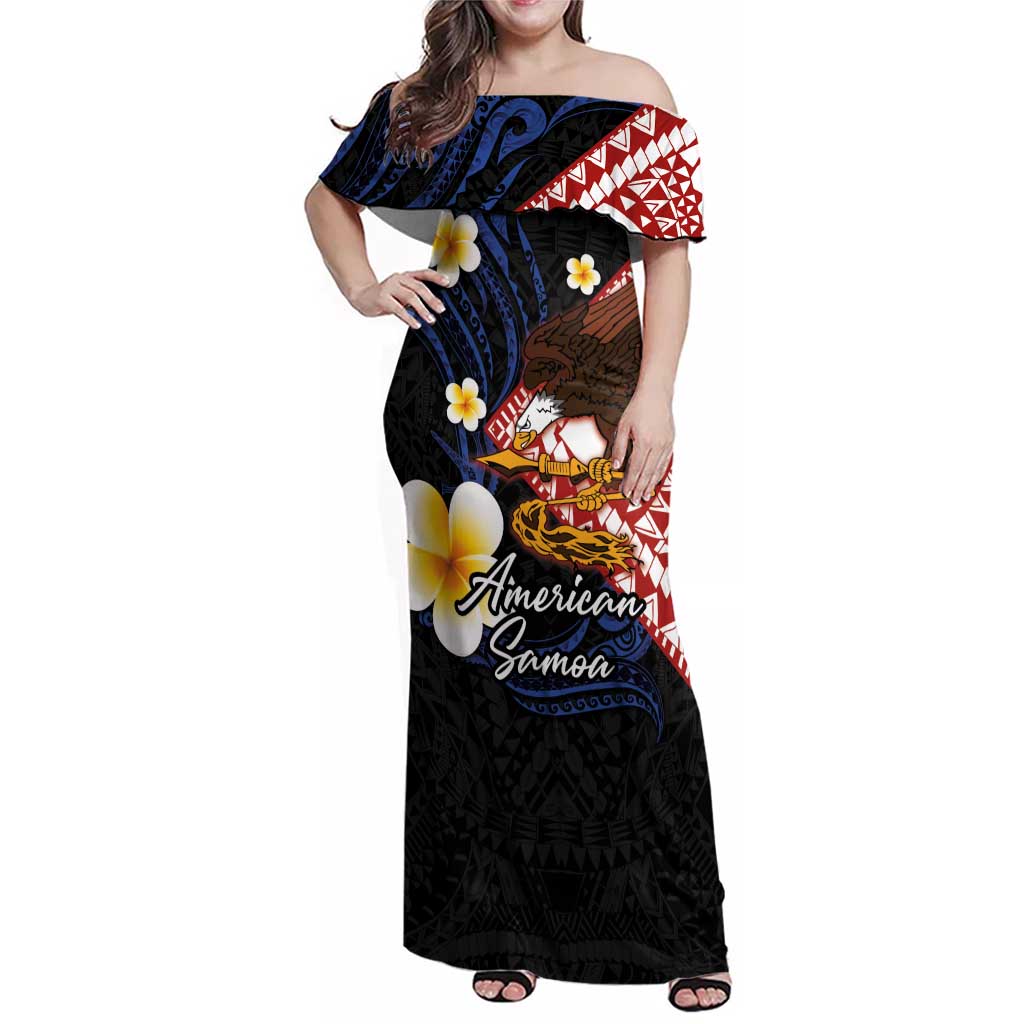 American Samoa Flag Day Family Matching Off Shoulder Maxi Dress and Hawaiian Shirt Polynesian Tatau Art and Plumeria LT03 Mom's Dress Black - Polynesian Pride