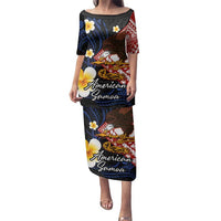 American Samoa Flag Day Family Matching Puletasi and Hawaiian Shirt Polynesian Tatau Art and Plumeria LT03 Mom's Dress Black - Polynesian Pride