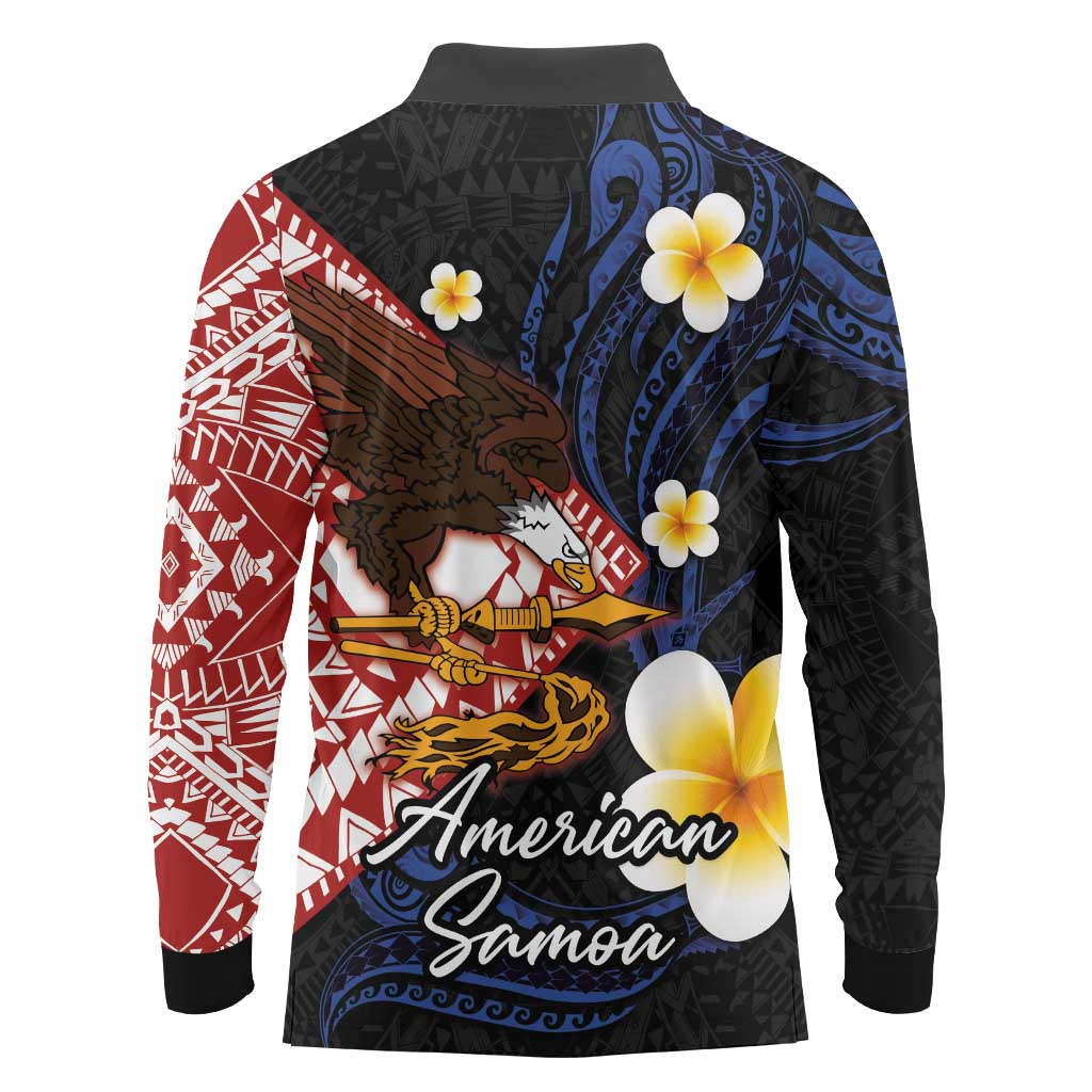 American Samoa Flag Day Long Sleeve Polo Shirt Polynesian Tatau Art and Plumeria