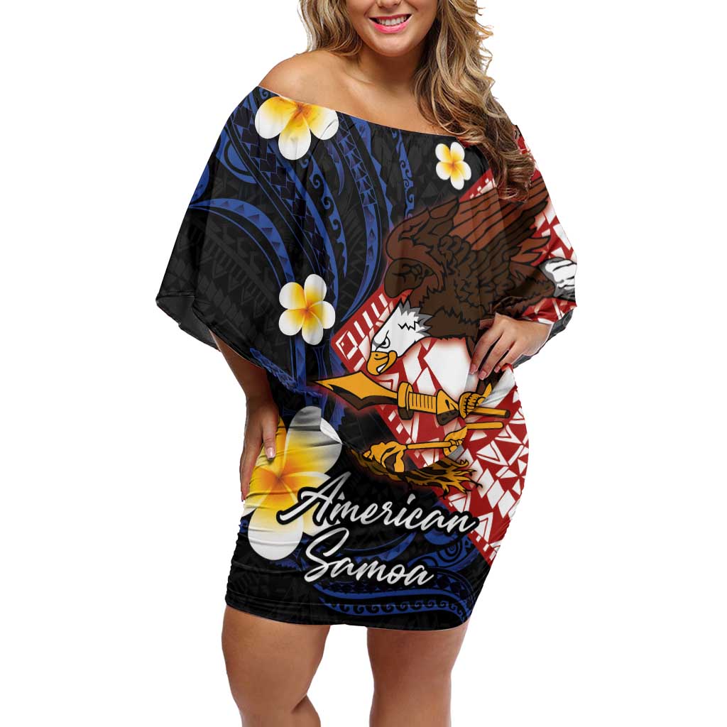 American Samoa Flag Day Off Shoulder Short Dress Polynesian Tatau Art and Plumeria