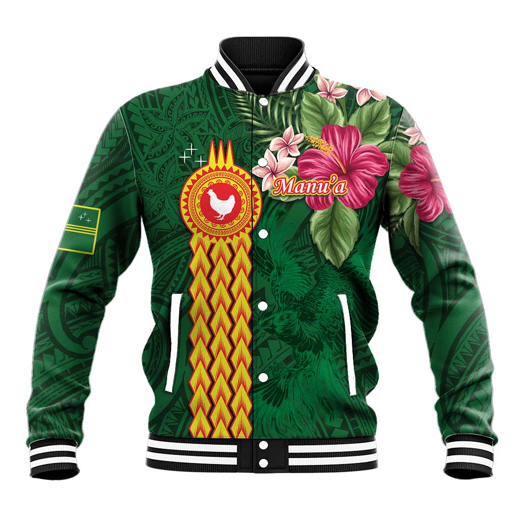 Manuʻa Islands Baseball Jacket Polynesian Style with Rooster Tattoo and Tropical Plants