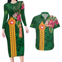 Personalised Manuʻa Islands Couples Matching Long Sleeve Bodycon Dress and Hawaiian Shirt Polynesian Style with Rooster Tattoo and Tropical Plants LT03 Green - Polynesian Pride