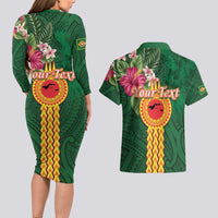 Personalised Manuʻa Islands Couples Matching Long Sleeve Bodycon Dress and Hawaiian Shirt Polynesian Style with Rooster Tattoo and Tropical Plants LT03 - Polynesian Pride