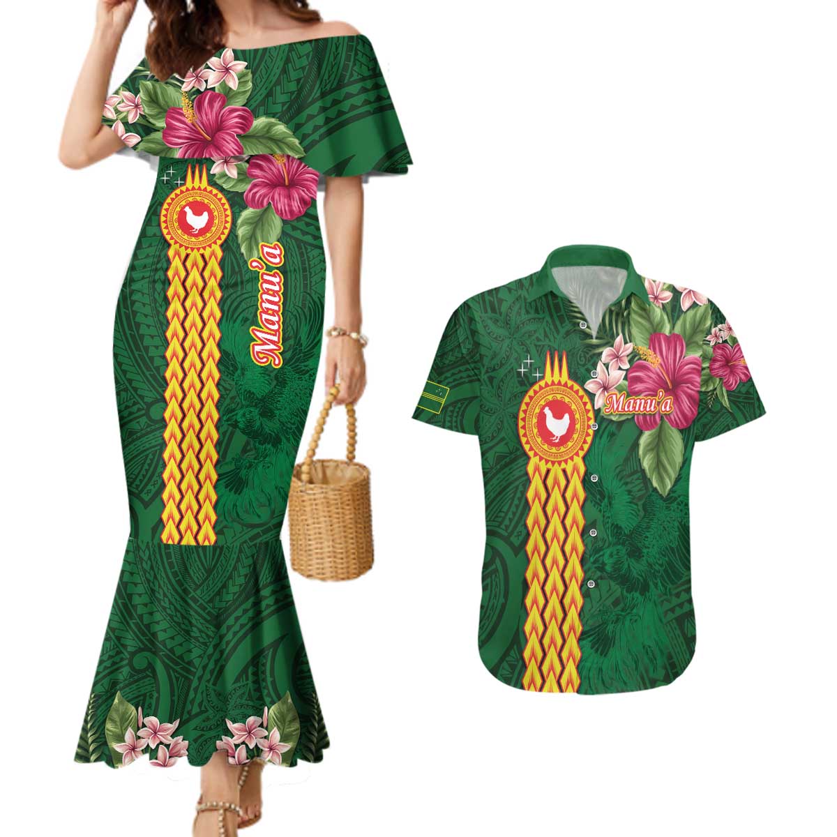 Personalised Manuʻa Islands Couples Matching Mermaid Dress and Hawaiian Shirt Polynesian Style with Rooster Tattoo and Tropical Plants LT03 Green - Polynesian Pride