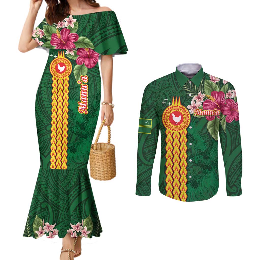 Manuʻa Islands Couples Matching Mermaid Dress and Long Sleeve Button Shirt Polynesian Style with Rooster Tattoo and Tropical Plants