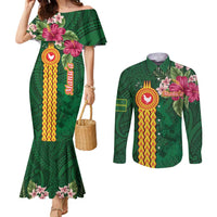 Manuʻa Islands Couples Matching Mermaid Dress and Long Sleeve Button Shirt Polynesian Style with Rooster Tattoo and Tropical Plants