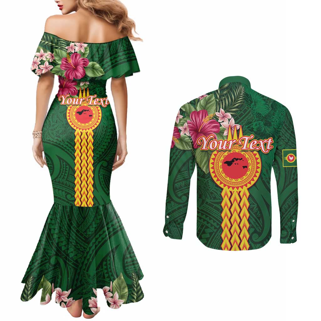 Manuʻa Islands Couples Matching Mermaid Dress and Long Sleeve Button Shirt Polynesian Style with Rooster Tattoo and Tropical Plants