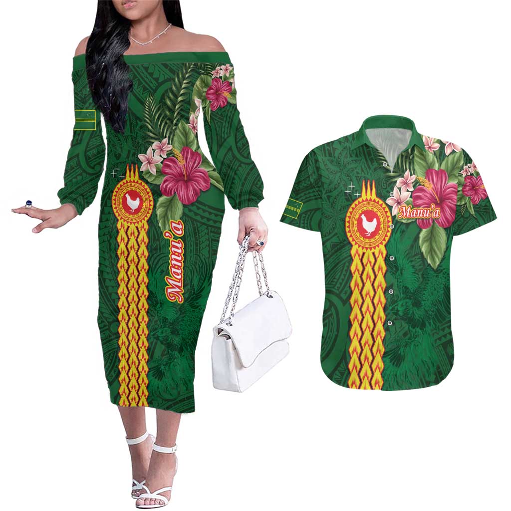 Manuʻa Islands Couples Matching Off The Shoulder Long Sleeve Dress and Hawaiian Shirt Polynesian Style with Rooster Tattoo and Tropical Plants