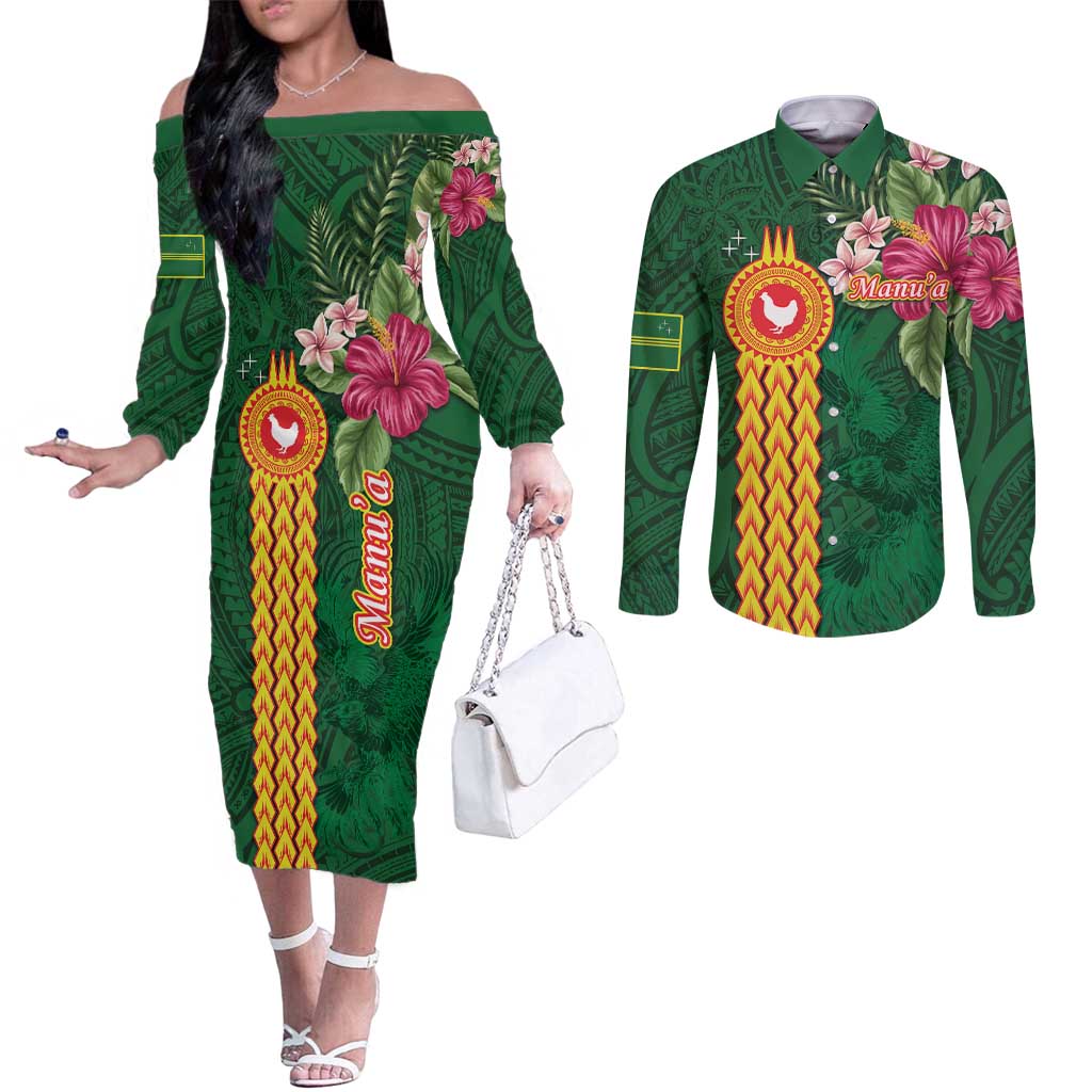 Manuʻa Islands Couples Matching Off The Shoulder Long Sleeve Dress and Long Sleeve Button Shirt Polynesian Style with Rooster Tattoo and Tropical Plants