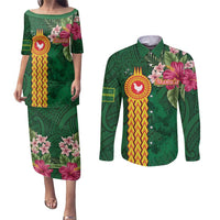 Manuʻa Islands Couples Matching Puletasi and Long Sleeve Button Shirt Polynesian Style with Rooster Tattoo and Tropical Plants