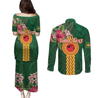 Manuʻa Islands Couples Matching Puletasi and Long Sleeve Button Shirt Polynesian Style with Rooster Tattoo and Tropical Plants
