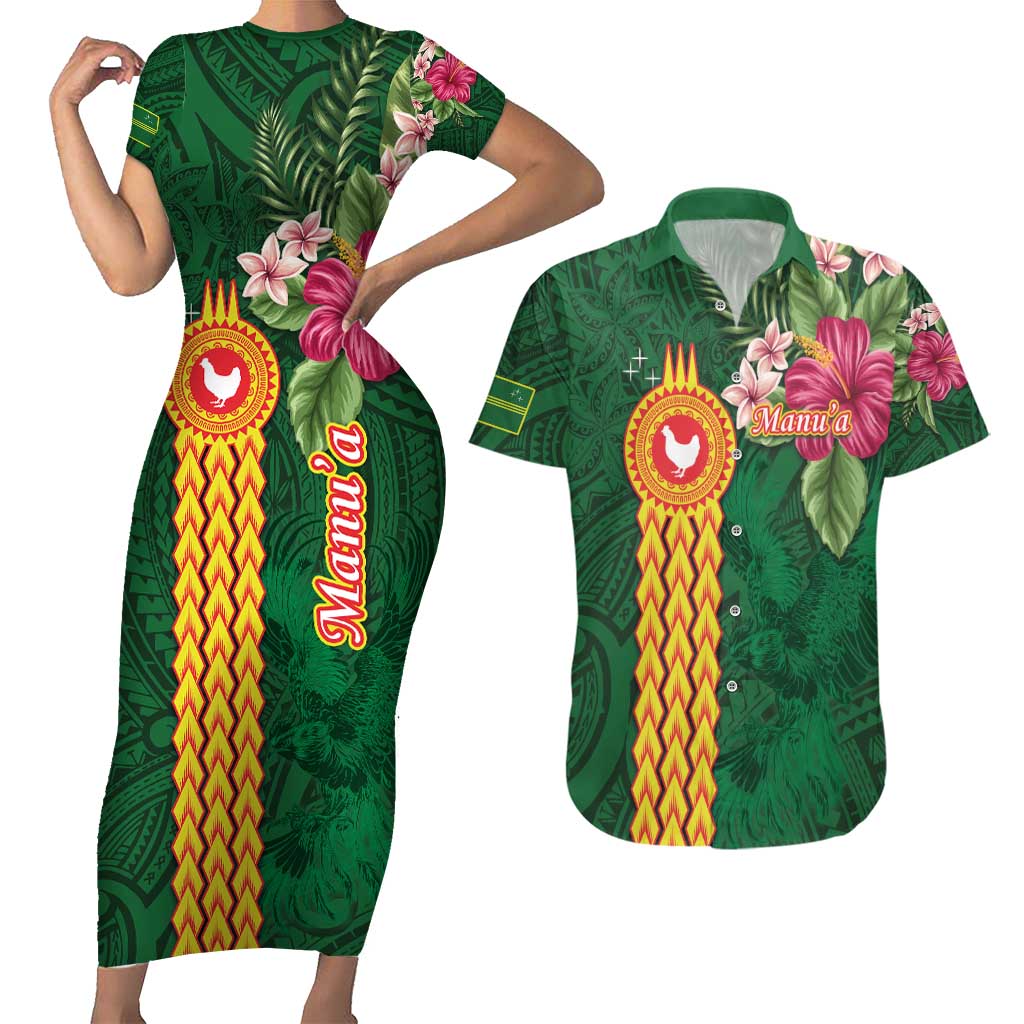 Personalised Manuʻa Islands Couples Matching Short Sleeve Bodycon Dress and Hawaiian Shirt Polynesian Style with Rooster Tattoo and Tropical Plants LT03 Green - Polynesian Pride