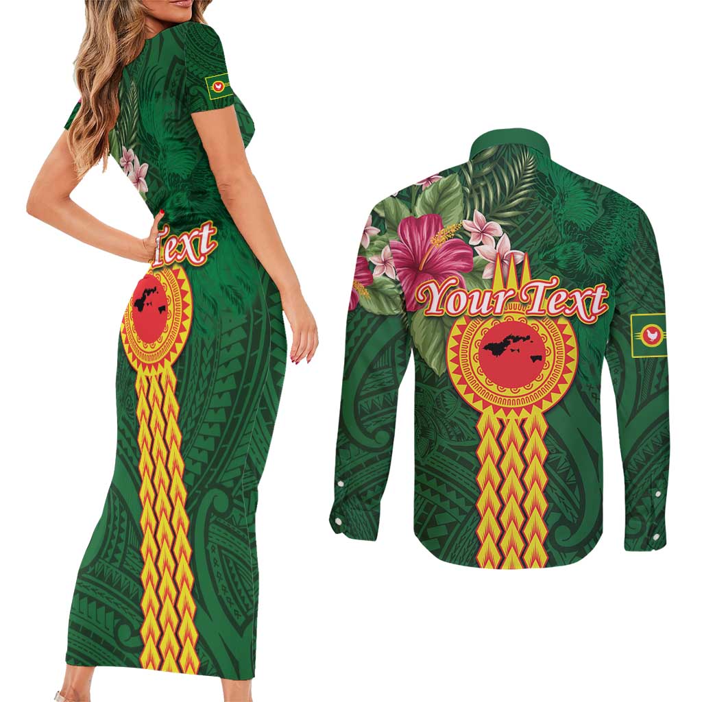 Manuʻa Islands Couples Matching Short Sleeve Bodycon Dress and Long Sleeve Button Shirt Polynesian Style with Rooster Tattoo and Tropical Plants