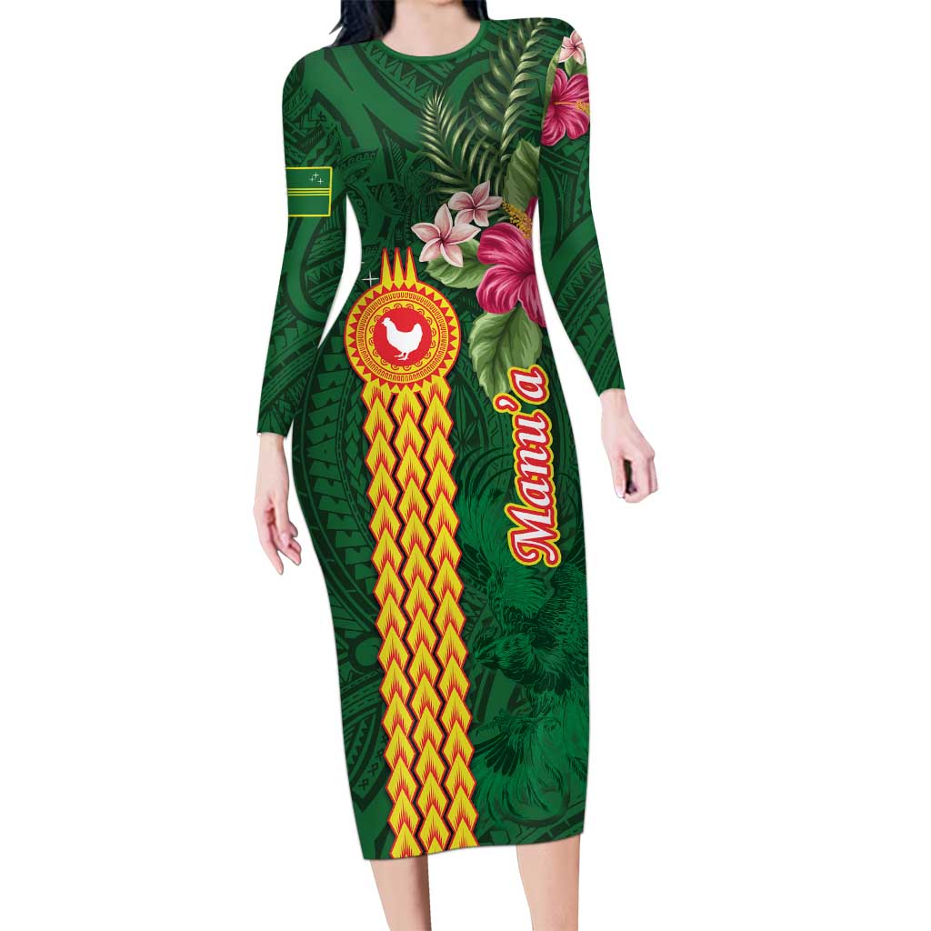Personalised Manuʻa Islands Family Matching Long Sleeve Bodycon Dress and Hawaiian Shirt Polynesian Style with Rooster Tattoo and Tropical Plants LT03 Mom's Dress Green - Polynesian Pride