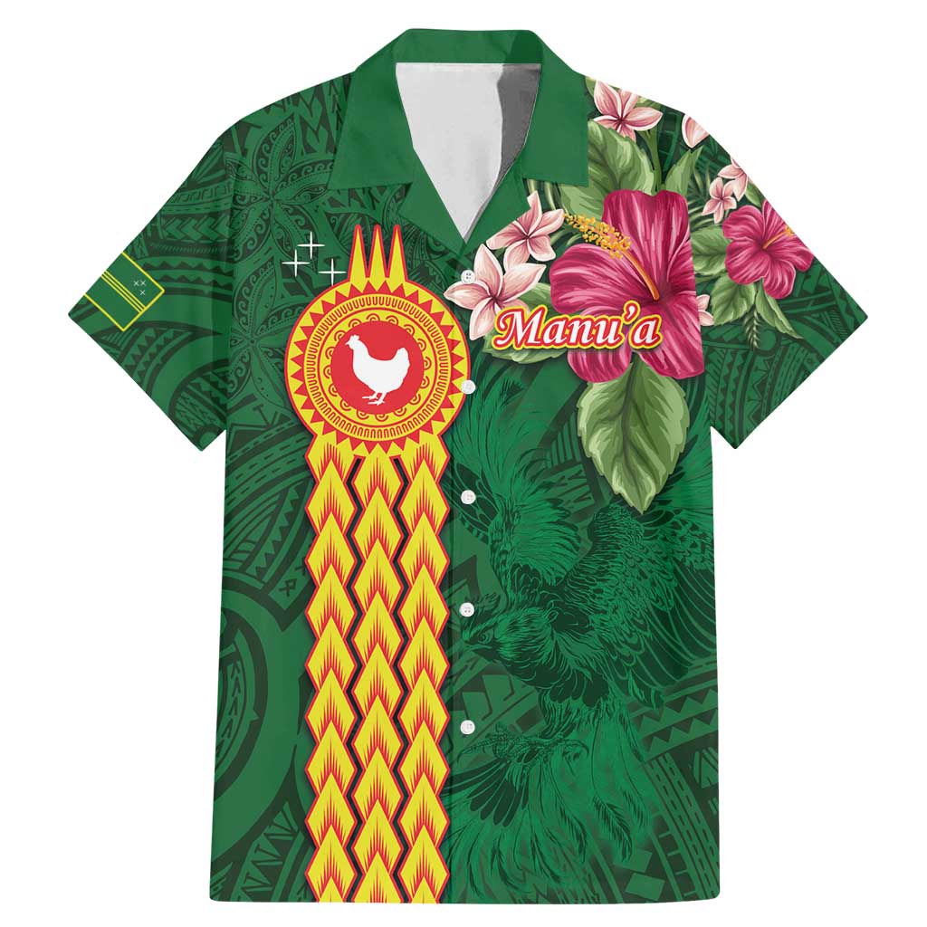 Personalised Manuʻa Islands Family Matching Mermaid Dress and Hawaiian Shirt Polynesian Style with Rooster Tattoo and Tropical Plants LT03 Dad's Shirt - Short Sleeve Green - Polynesian Pride