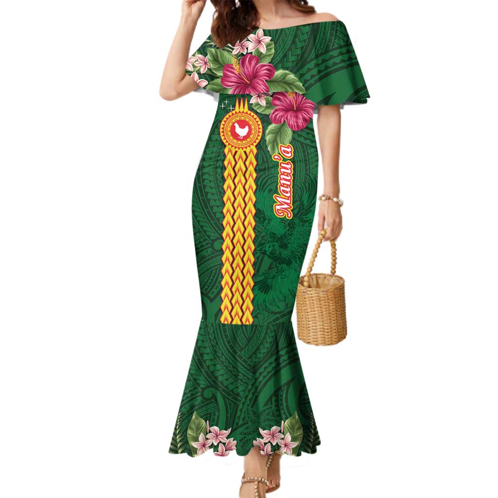 Personalised Manuʻa Islands Family Matching Mermaid Dress and Hawaiian Shirt Polynesian Style with Rooster Tattoo and Tropical Plants LT03 Mom's Dress Green - Polynesian Pride