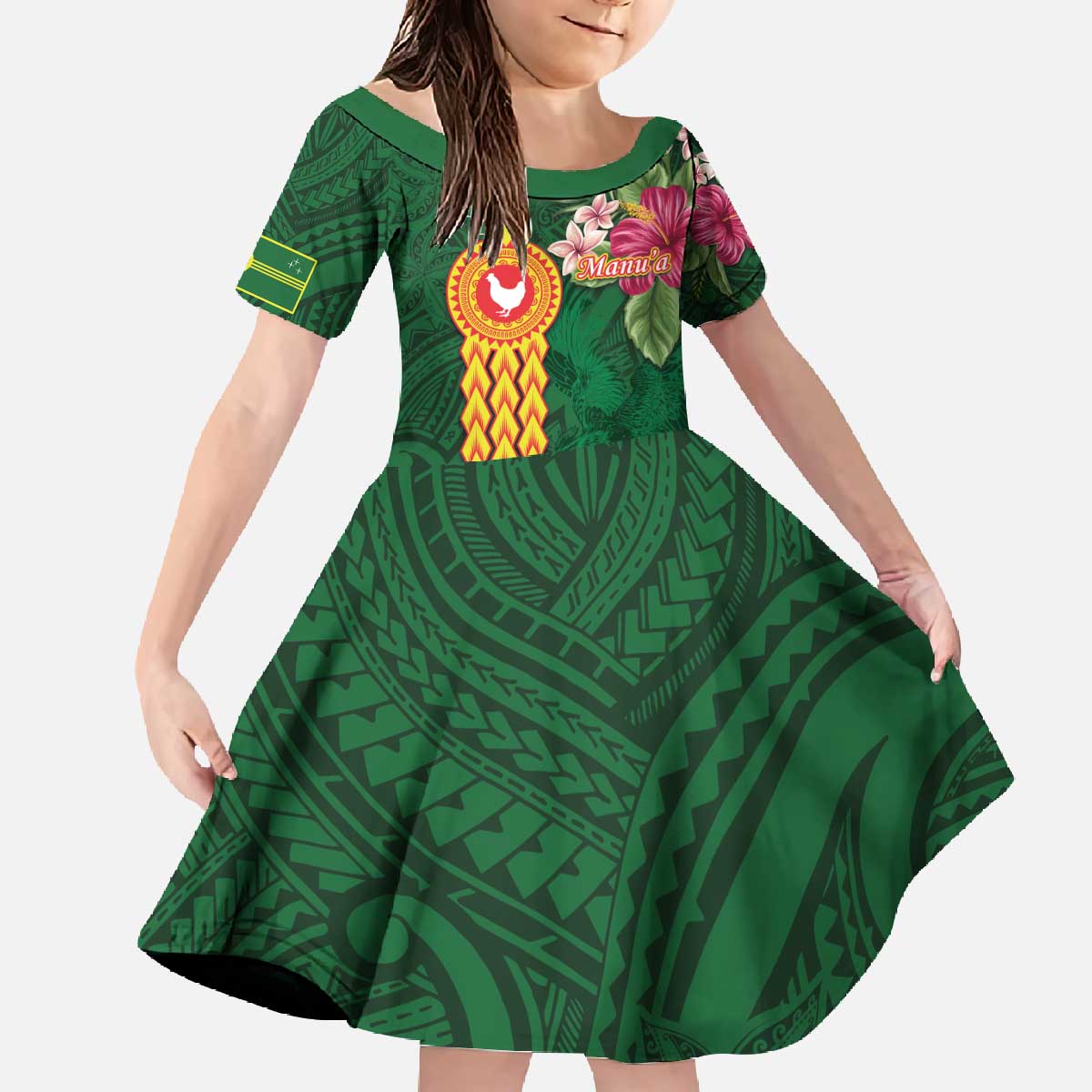Personalised Manuʻa Islands Family Matching Off The Shoulder Long Sleeve Dress and Hawaiian Shirt Polynesian Style with Rooster Tattoo and Tropical Plants LT03 Daughter's Dress Green - Polynesian Pride