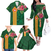 Personalised Manuʻa Islands Family Matching Off The Shoulder Long Sleeve Dress and Hawaiian Shirt Polynesian Style with Rooster Tattoo and Tropical Plants LT03 - Polynesian Pride