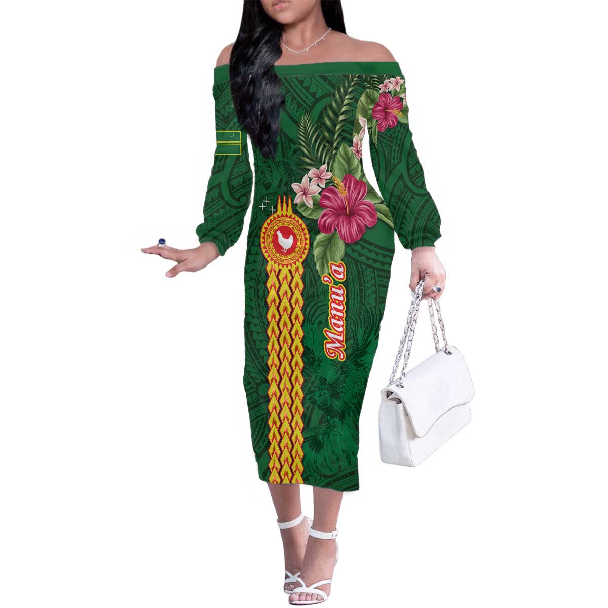Personalised Manuʻa Islands Family Matching Off The Shoulder Long Sleeve Dress and Hawaiian Shirt Polynesian Style with Rooster Tattoo and Tropical Plants LT03 Mom's Dress Green - Polynesian Pride