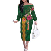 Personalised Manuʻa Islands Family Matching Off The Shoulder Long Sleeve Dress and Hawaiian Shirt Polynesian Style with Rooster Tattoo and Tropical Plants LT03 Mom's Dress Green - Polynesian Pride