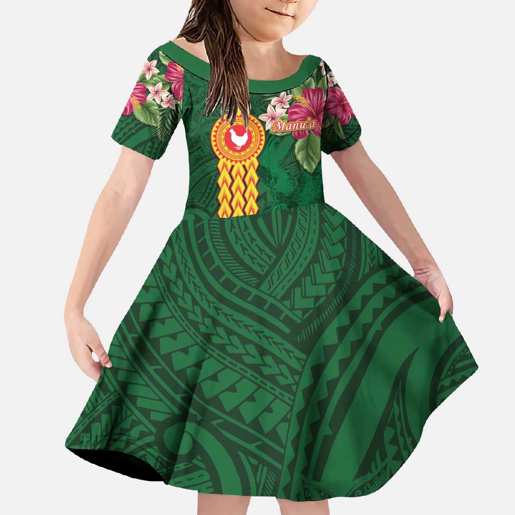 Personalised Manuʻa Islands Family Matching Off Shoulder Maxi Dress and Hawaiian Shirt Polynesian Style with Rooster Tattoo and Tropical Plants LT03 Daughter's Dress Green - Polynesian Pride
