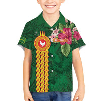 Personalised Manuʻa Islands Family Matching Off Shoulder Maxi Dress and Hawaiian Shirt Polynesian Style with Rooster Tattoo and Tropical Plants LT03 Son's Shirt Green - Polynesian Pride