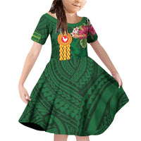 Personalised Manuʻa Islands Family Matching Off Shoulder Short Dress and Hawaiian Shirt Polynesian Style with Rooster Tattoo and Tropical Plants LT03 Daughter's Dress Green - Polynesian Pride