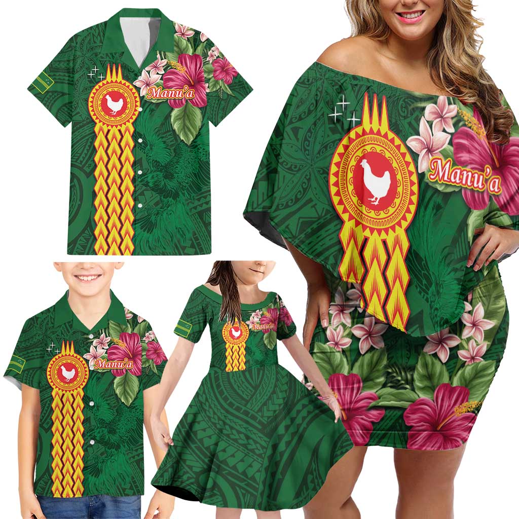 Personalised Manuʻa Islands Family Matching Off Shoulder Short Dress and Hawaiian Shirt Polynesian Style with Rooster Tattoo and Tropical Plants LT03 - Polynesian Pride
