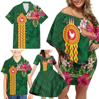Personalised Manuʻa Islands Family Matching Off Shoulder Short Dress and Hawaiian Shirt Polynesian Style with Rooster Tattoo and Tropical Plants LT03 - Polynesian Pride