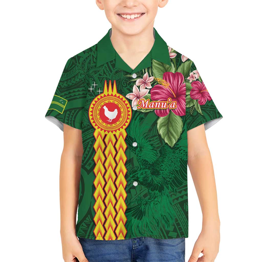 Personalised Manuʻa Islands Family Matching Off Shoulder Short Dress and Hawaiian Shirt Polynesian Style with Rooster Tattoo and Tropical Plants LT03 Son's Shirt Green - Polynesian Pride