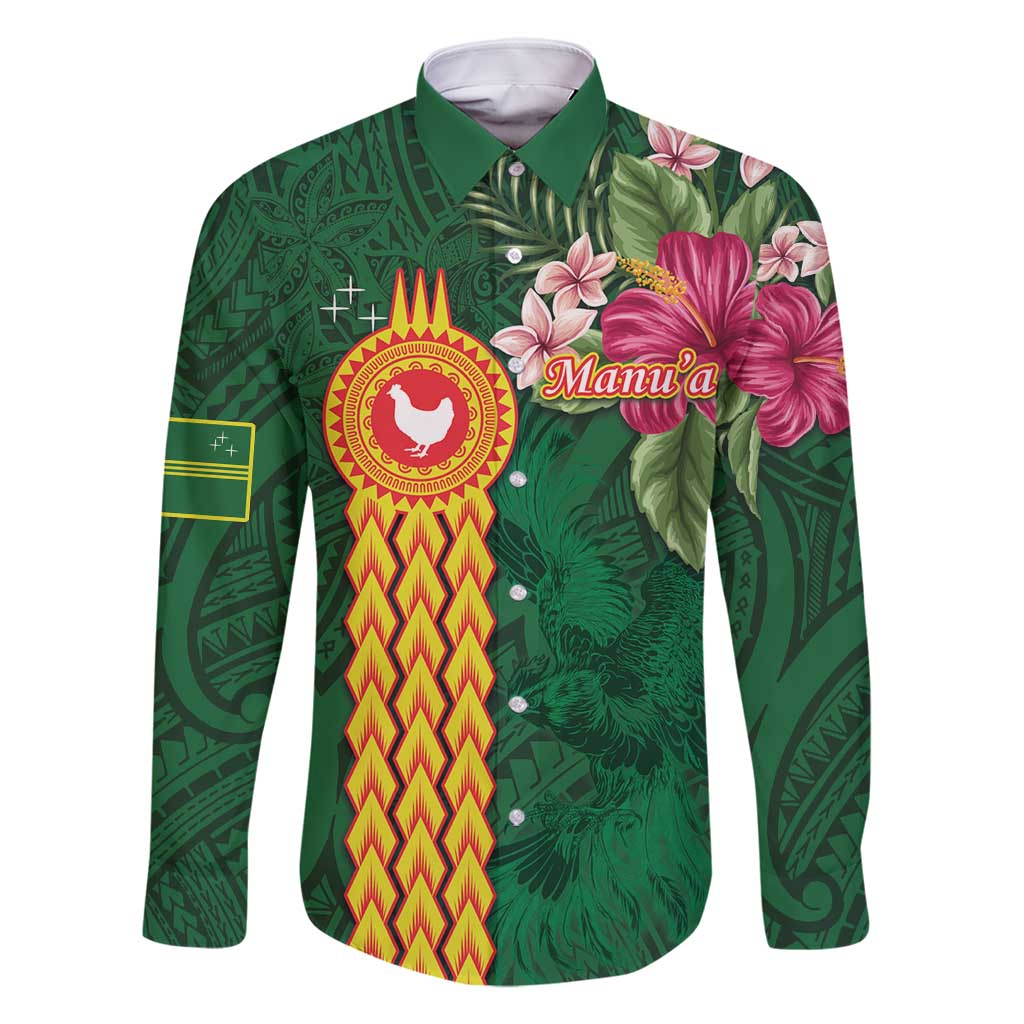 Personalised Manuʻa Islands Family Matching Summer Maxi Dress and Hawaiian Shirt Polynesian Style with Rooster Tattoo and Tropical Plants LT03 Dad's Shirt - Long Sleeve Green - Polynesian Pride