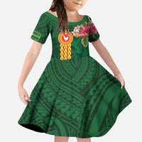 Personalised Manuʻa Islands Family Matching Tank Maxi Dress and Hawaiian Shirt Polynesian Style with Rooster Tattoo and Tropical Plants LT03 Daughter's Dress Green - Polynesian Pride