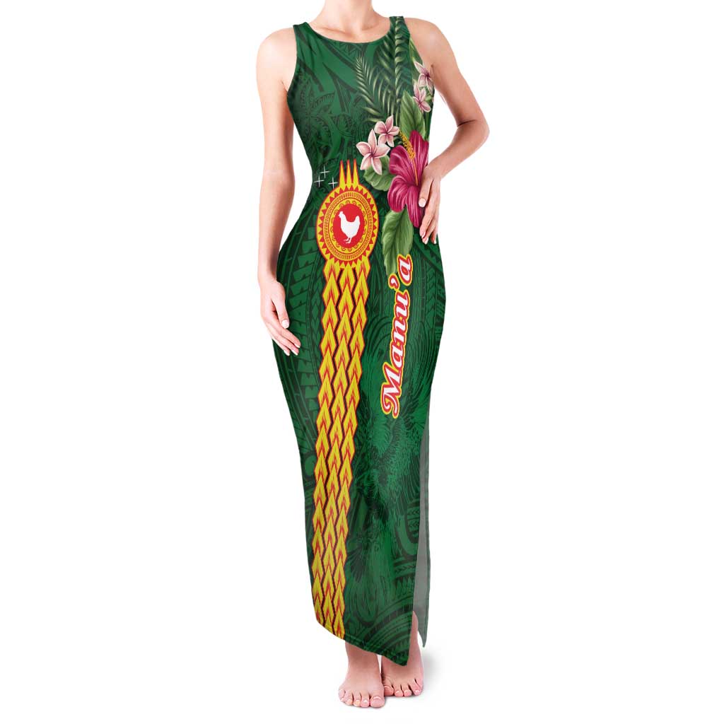 Personalised Manuʻa Islands Family Matching Tank Maxi Dress and Hawaiian Shirt Polynesian Style with Rooster Tattoo and Tropical Plants LT03 Mom's Dress Green - Polynesian Pride
