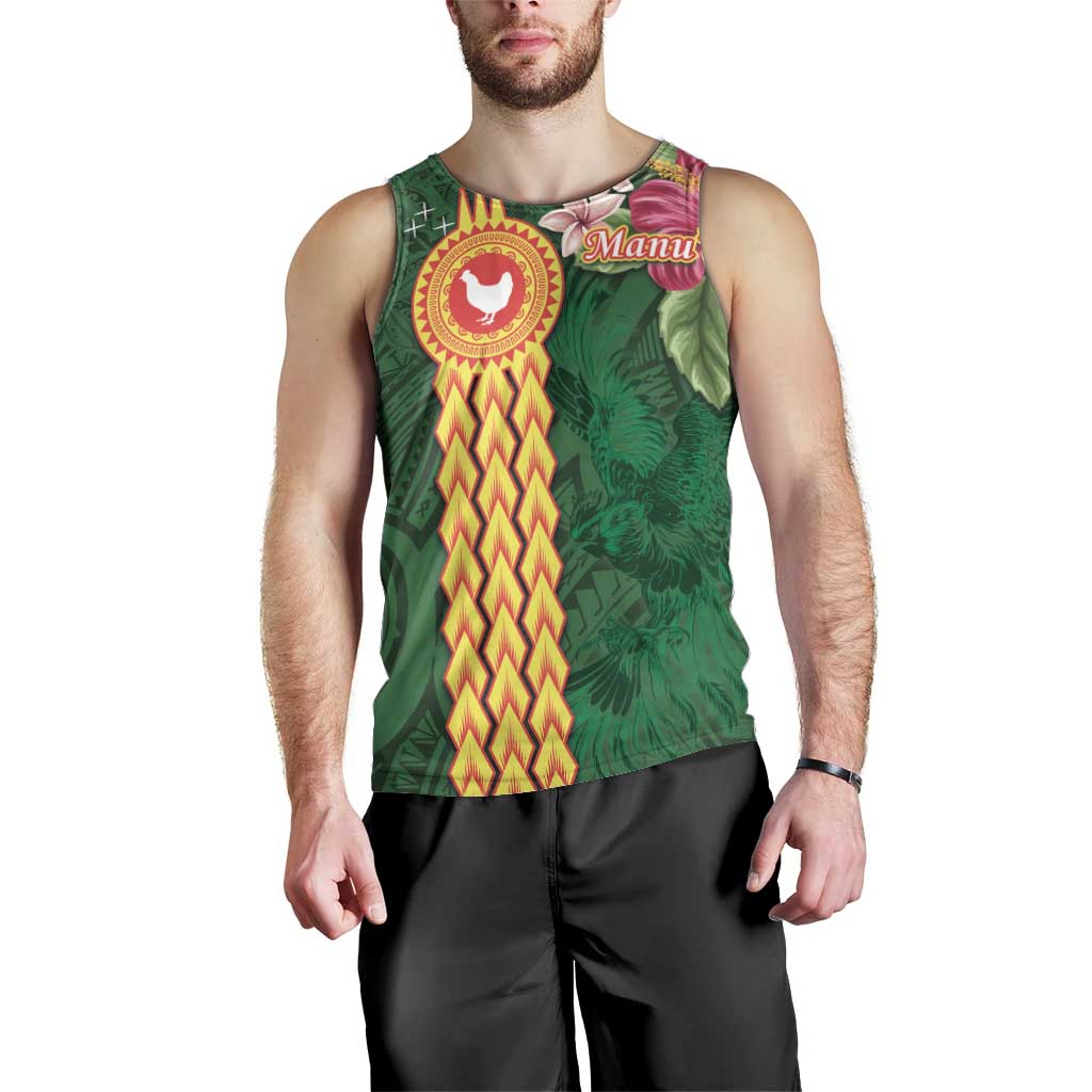 Manuʻa Islands Men Tank Top Polynesian Style with Rooster Tattoo and Tropical Plants